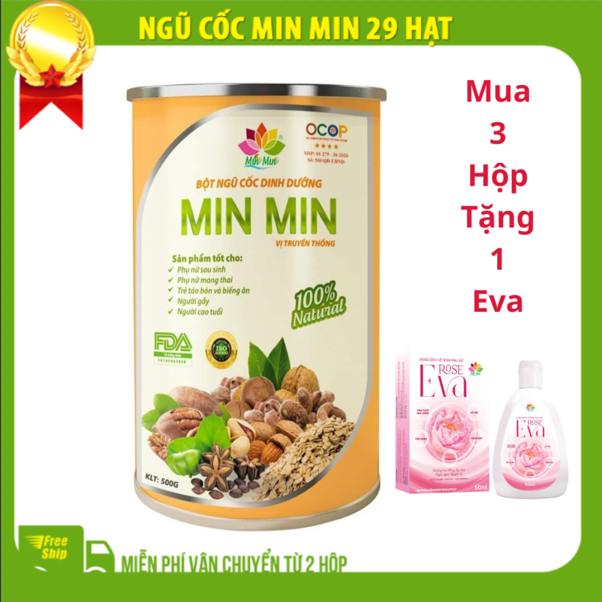 (Combo 3 Hộp )Ngũ cốc dinh dưỡng Min Min 29 hạt dạng lon thiếc + Tặng 1 lọ DDVS Eva